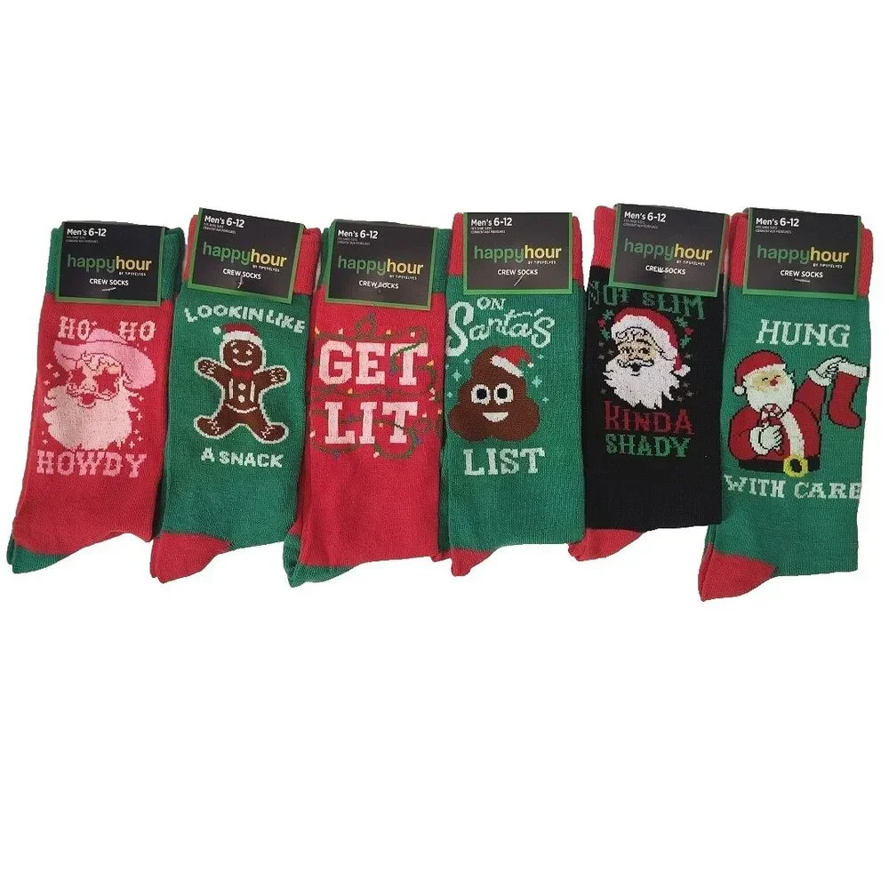 Happy Hour Mens Sz 6-12 6 Pair Funny Christmas Socks Novelty Crew Socks NWT